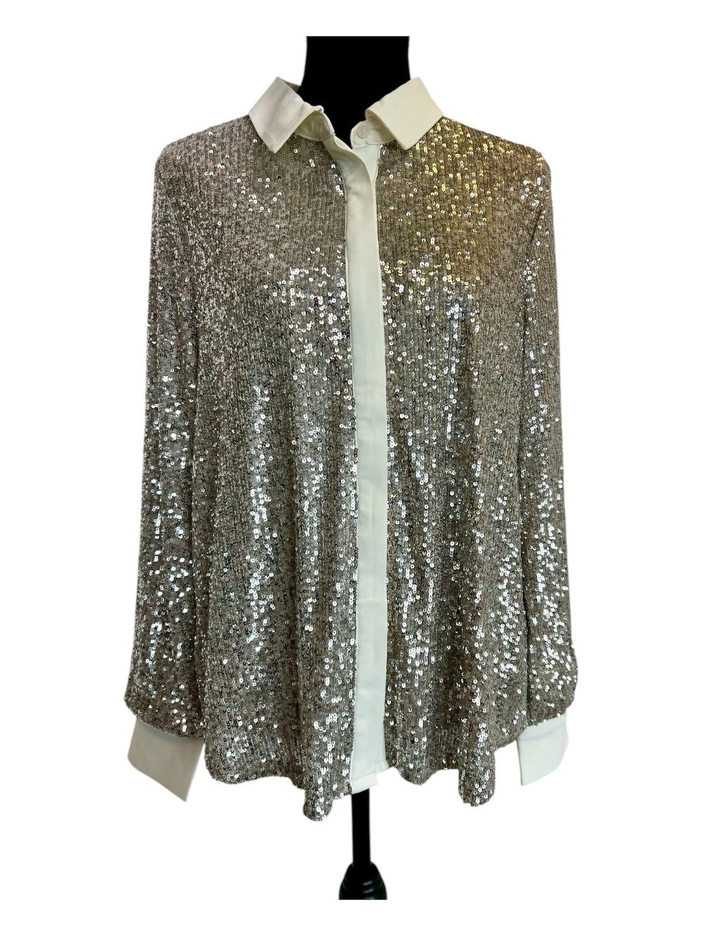 Cable & Gauge Silver sequin sparkly button front dress shirt cream trim L NWOT